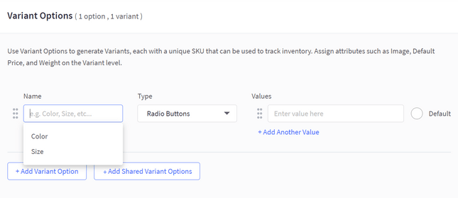 bigcommerce product variants screenshot of bigcommerce inventory management with fieldforms to fill in with data