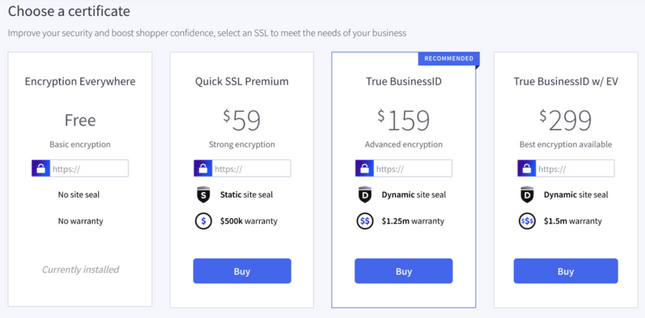 a selection of four boxes detailing the prices from bigcommerce's ssl collection with blue buttons