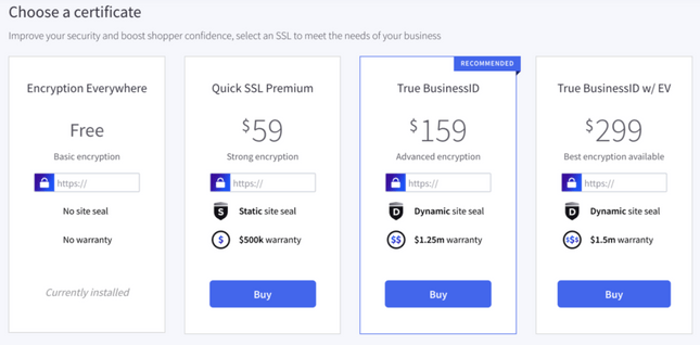 bigcommerce ssl a selection of four boxes detailing the prices from bigcommerce's ssl collection with blue buttons