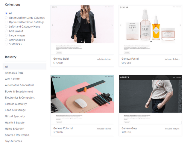 bigcommerce themes bigcommerce screnshot showing multiple themes, two clothing based featuring models from the neck down and two product based ones