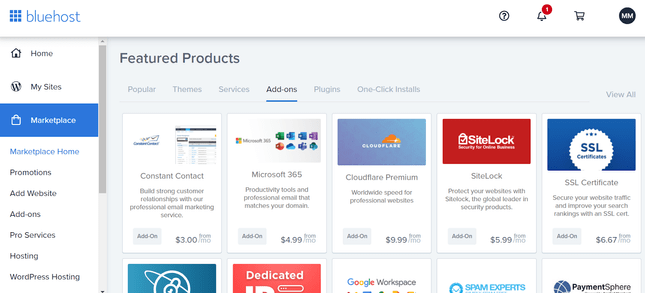 bluehost additional products Bluehost's marketplace featuring catalog of additional products