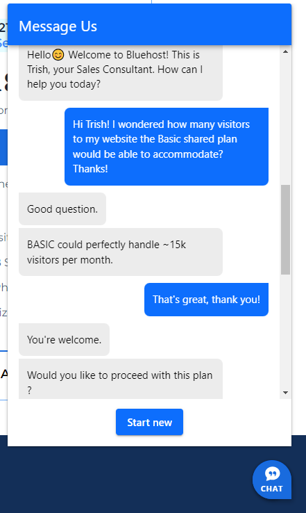 bluehost chat support example Exchnange between Bluehost live chat support and a query about shared plan traffic limits