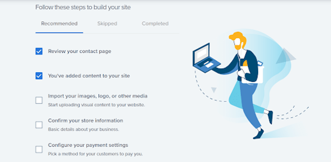 Checklist of steps to help you get set up with Bluehost, with an graphic of a man holding a laptop to the right