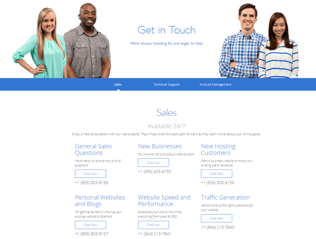 Bluehost Contact Us Page bluehost contact us page with men and women on plain backdrop