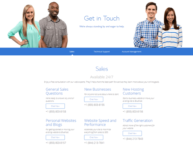 bluehost contact us page with men and women on plain backdrop