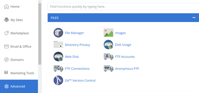 Bluehost's cPanel dashboard featuring a list of advanced files and functions with icons