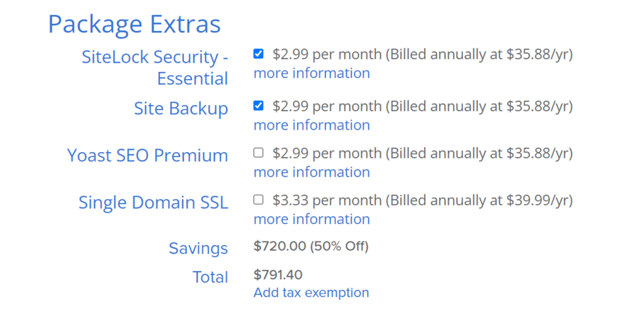 List of package extras in Bluehost's checkout page
