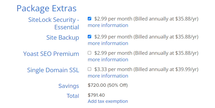 Bluehost Hosting Checkout Extras List of package extras in Bluehost's checkout page