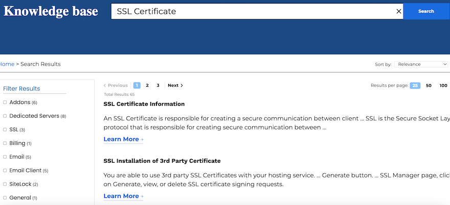 Bluehost Knowledge Base Bluehost’s knowledge base results page for the search “SSL Certificate”.