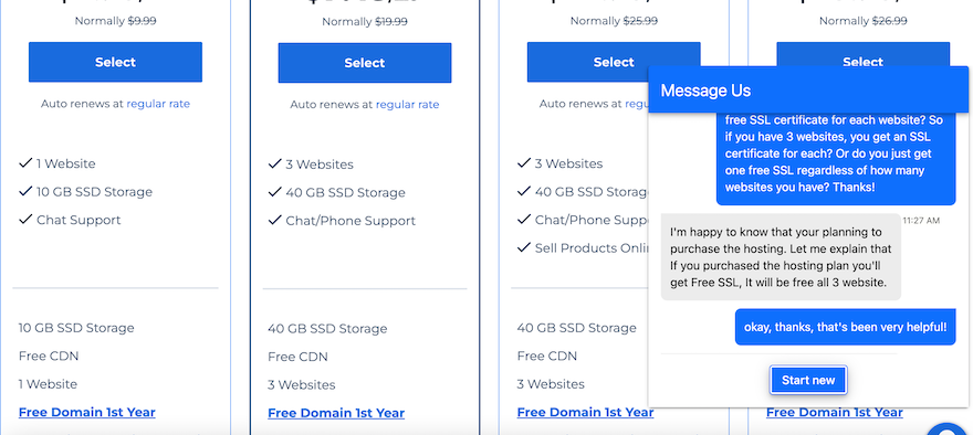 Bluehost Live Chat Bluehost live chat in action with a chat box open on the right showing a conversation.