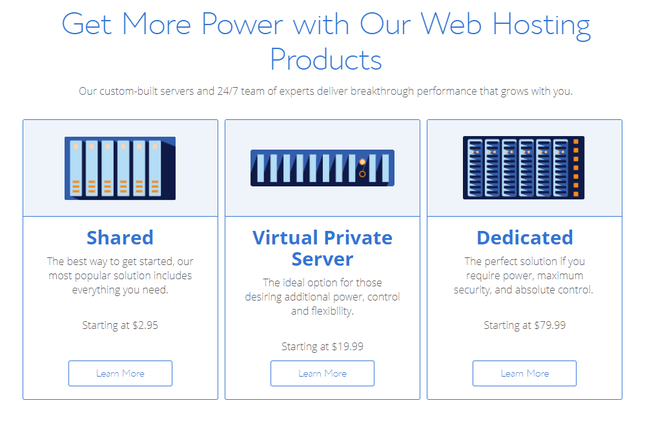 Three boxes showing Bluehost plans