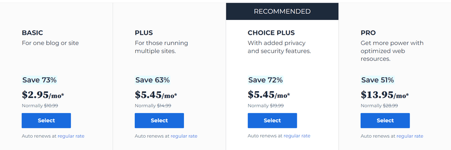 Bluehost shared hosting prices Four pricing plans offered by Bluehost