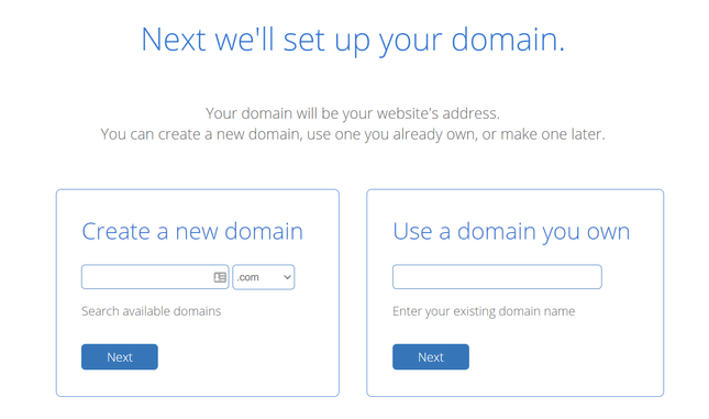 Bluehost's sign up process featuring two boxes side by side, one to create a new domain, and the other to input an existing domain