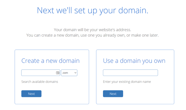bluehost sign up Bluehost's sign up process featuring two boxes side by side, one to create a new domain, and the other to input an existing domain