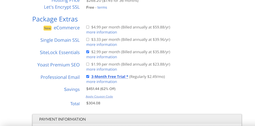 Bluehost SiteLock Add-On The Bluehost checkout page showing the various extras you can add to your hosting plan, such as SiteLock Essentials.