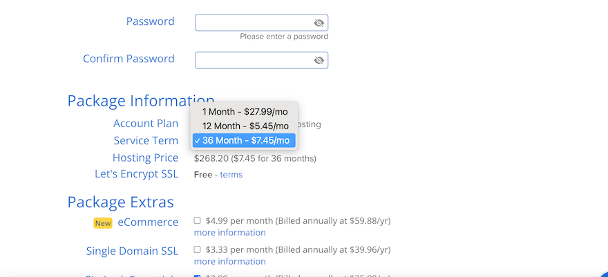 Bluehost Term Lengths Bluehost’s checkout page, showing a gray dropdown menu with the different term lengths available.