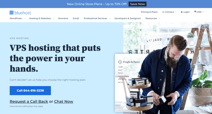 Bluehost VPS hosting homepage Bluehost's VPS hosting homepage featuring button inviting readers to contact Bluehost for help deciding on a plan