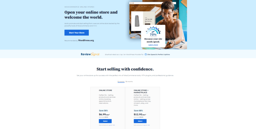 Two Bluehost hosting plans for WooCommerce sites