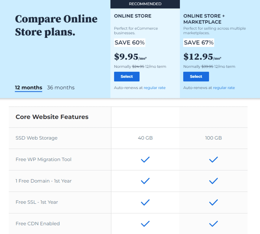 Bluehost WooCommerce Pricing page with two blue columns with pricing plan information.