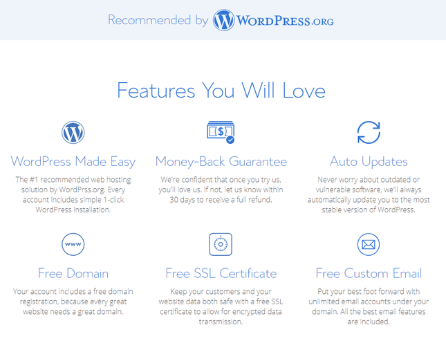 bluehost range of wordpress features with blue graphics