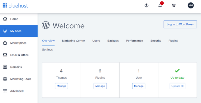 bluehost wordpress Bluehost dashboard featuring WordPress site management tools