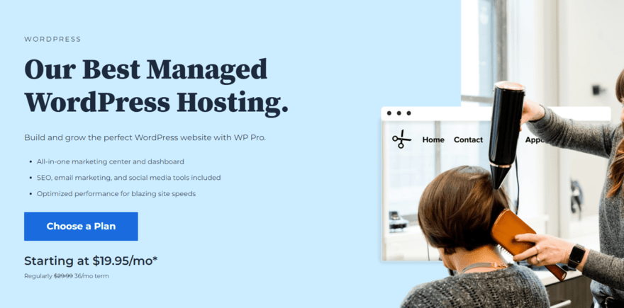 Bluehost's WP hosting homepage Bluehost's Managed WordPress Hosting homepage featuring button to choose a plan
