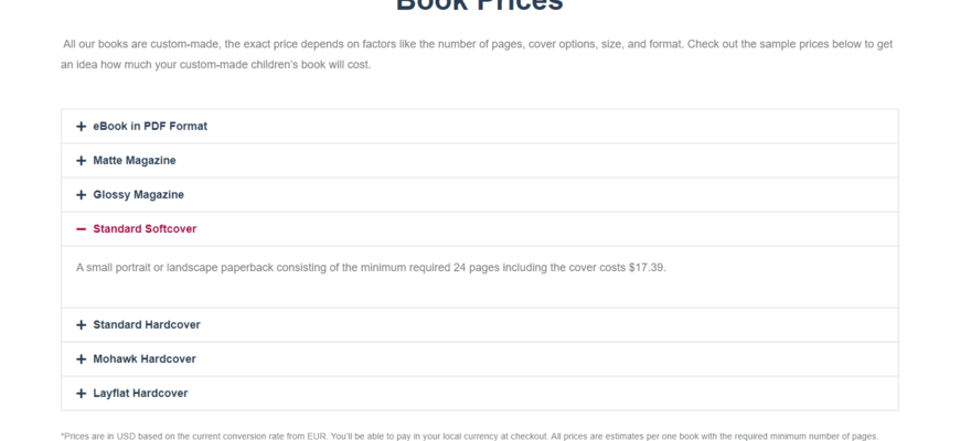Product types and pricing for BookBildr's custom-made children's books