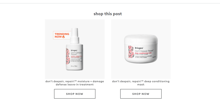 Bottom of Briogeo blog post showing mentioned products available to purchase