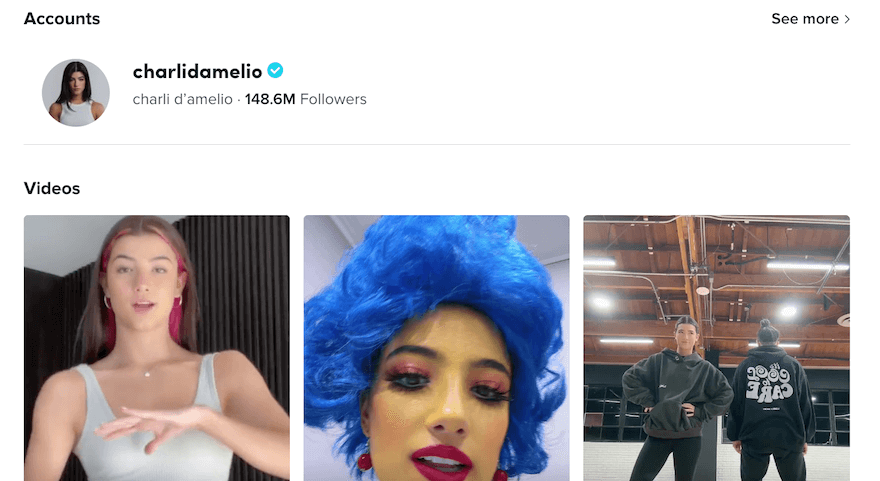 Charli D'Amelio TikTok profile screenshot Charli D'Amelio TikTok profile with three videos