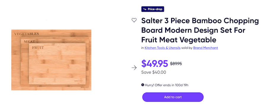 chopping boards Product page for wooden chopping board, featuring price and button to purchase