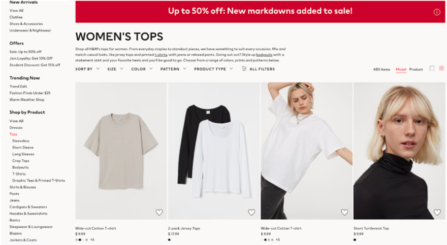 Clothing store Woment's tops page on an online clothing store.