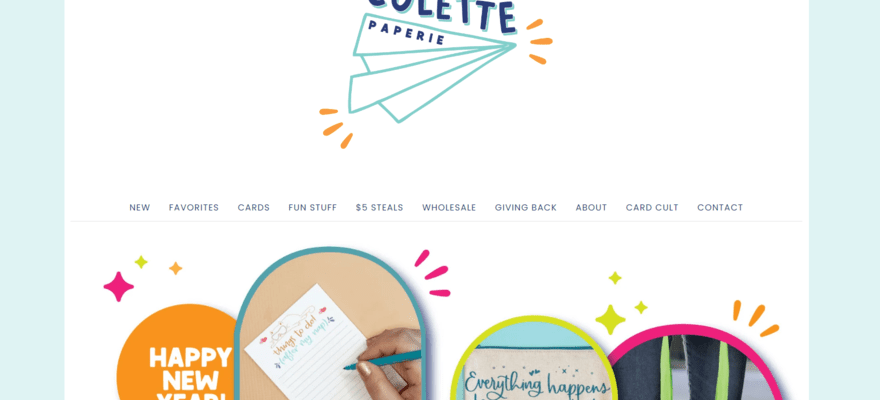 Colette Paperie homepage featuring a navigation bar and carousel of offers