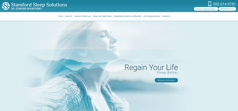 conversion rates sleep apnea (1) Stamford Sleep Solutions homepage, inviting visitors to schedule a consultation