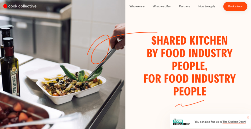 Cook Cook Collective homepage with an image featuring pasta and olive oil.