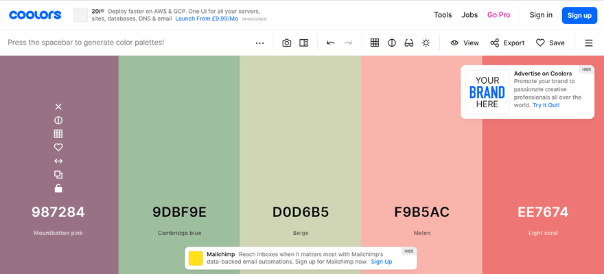 coolors palette blocks of color next to each other one has a padlock above it