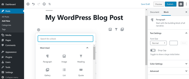 create wordpress blog post