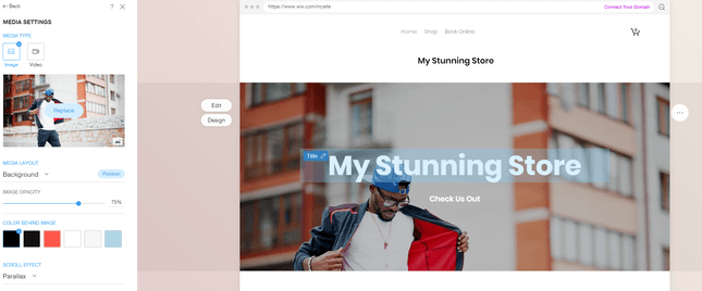 Customize Wix Store Wix editor with text highlighted and editing options in the left sidebar