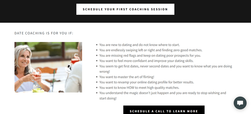 Date Coaching A page with an image of a couple drinking and bullet points of pain points for daters