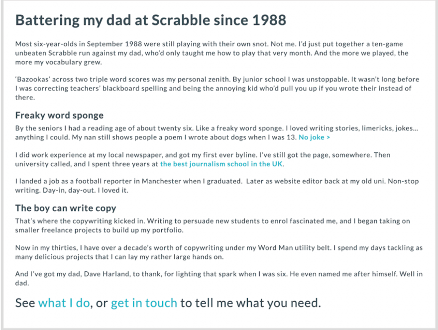 dave harland Website bio page for copywriter, Dave Harland