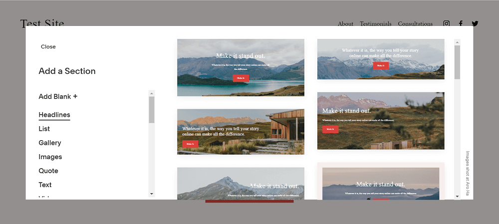 designing-websites-squarespace-opt Menu for adding a new section to a Squarespace website with variety of text layouts