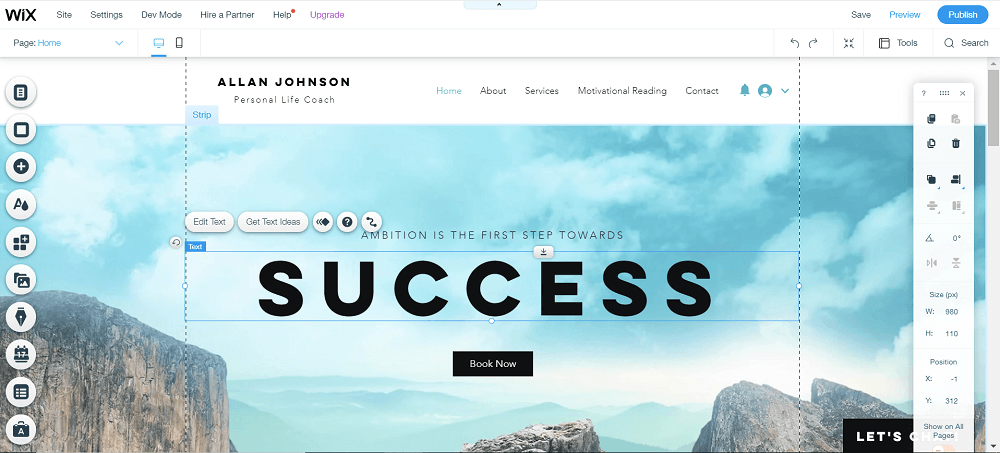 designing-websites-wix-opt Wix editor editing a website for a life coach with the word "Success" on top of an image of mountain peaks