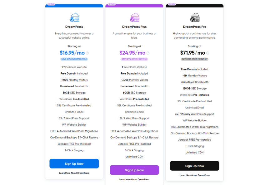 DreamHost DreamPress pricing Pricing and key features for DreamHost's 3 DreamPress hosting plans