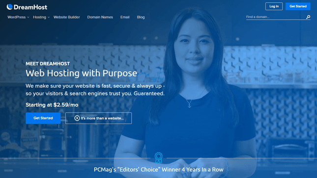 dreamhost homepage dreamhost homepage giving summary of hosting plan with cafe worker woman photo overlaid with blue