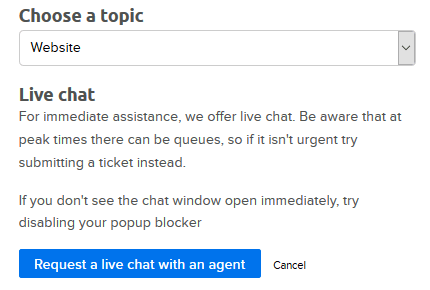 dreamhost live chat dreamhost live chat with pulldown bar and blue CTA to start a chat with an agent