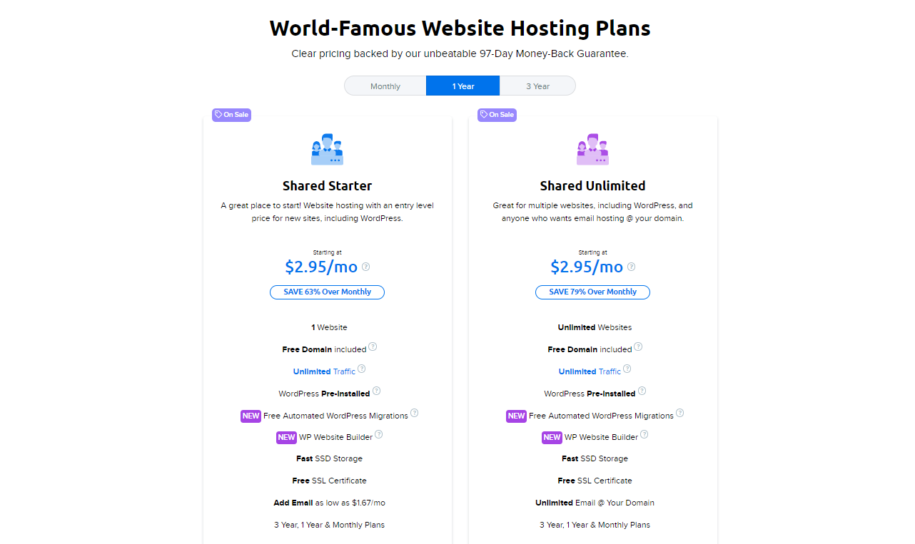 DreamHost shared plans Prices for DreamHost's shared hosting plans, focusing on a 1-year contract