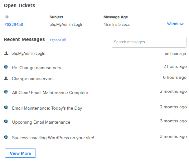 dreamhost ticket support dreamhost ticket support showing a lit of tickets plus their time code