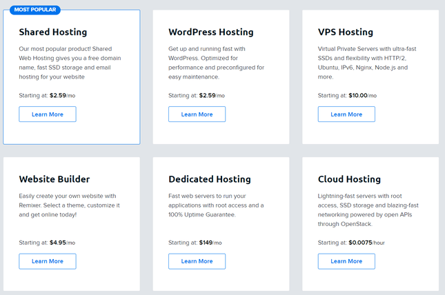 dreamhost types of hosting DreamHost grid of different types of hosting available with blue outlined CTAs