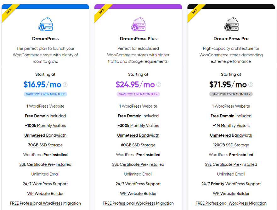 Dreamhost woocommerce Three plans in blue, purple, and black rectangles with pricing information.