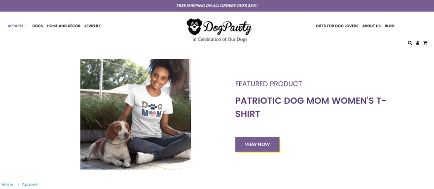 dropshipping store examples dog pawty dropshipping store dog pawty showcasing product with model kneeling down to stroke dog