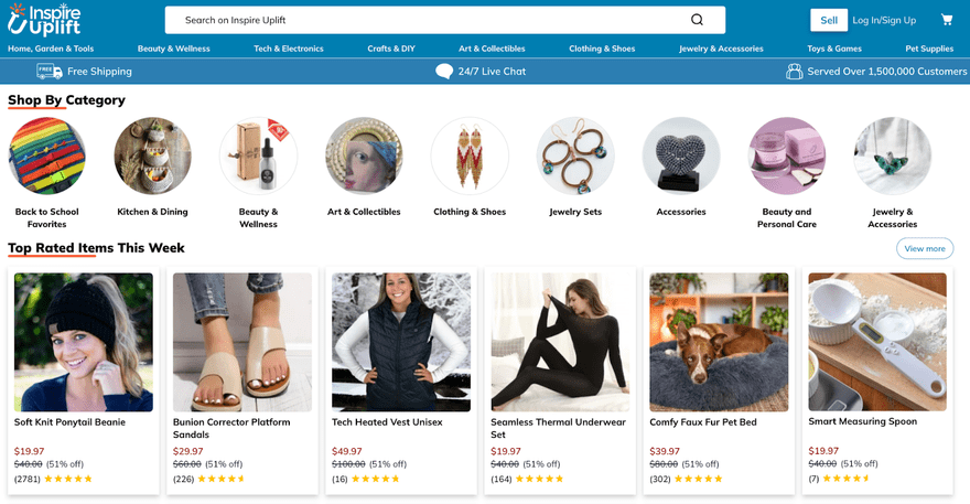 dropshipping store examples inspire uplift dropshipping store inspire uplift with scroll of products and categories above with search bar at the very top